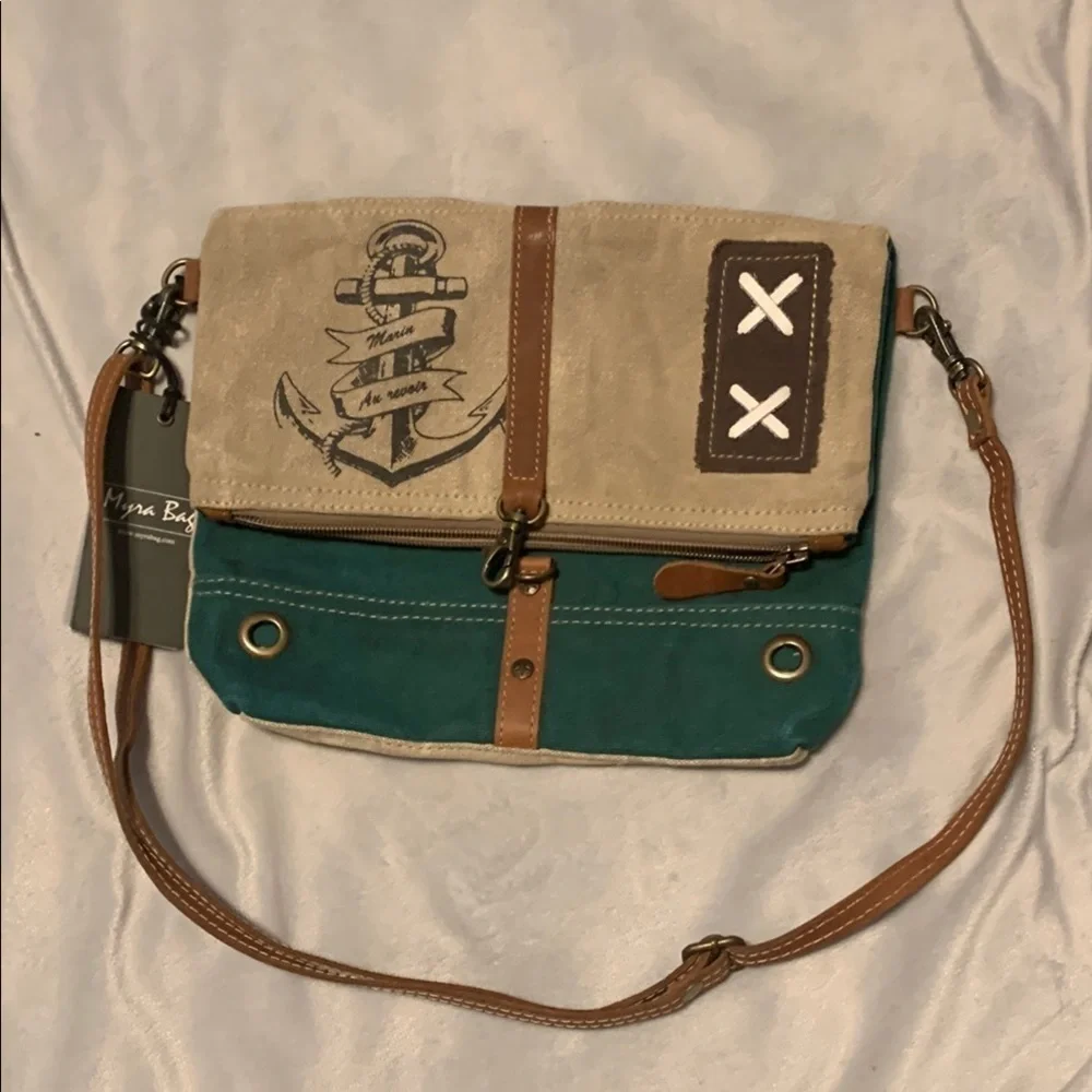 MYRA BAGS Burlander Patch Teal Small Crossbody Bag canvas leather stitch anchor